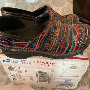 Dansko black with multi color stripes slip on clog shoes size EU 38 US 7.5-8